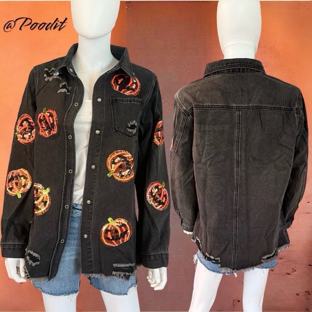 sequin pumpkin distressed denim top M L XL - Picture 2 of 10